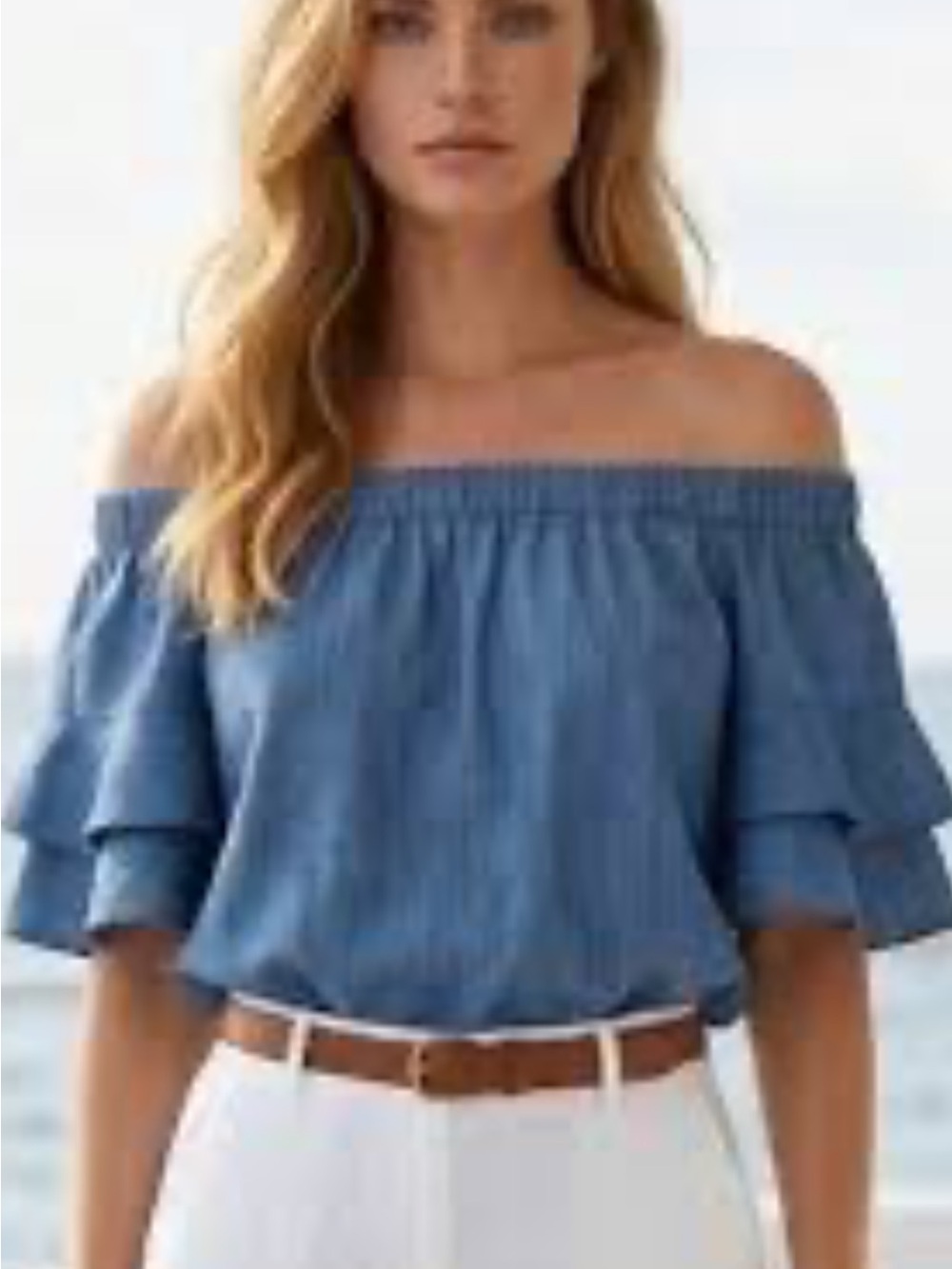 Moa Moa Chambray Off-The-Shoulder Ruffle Top - Blue